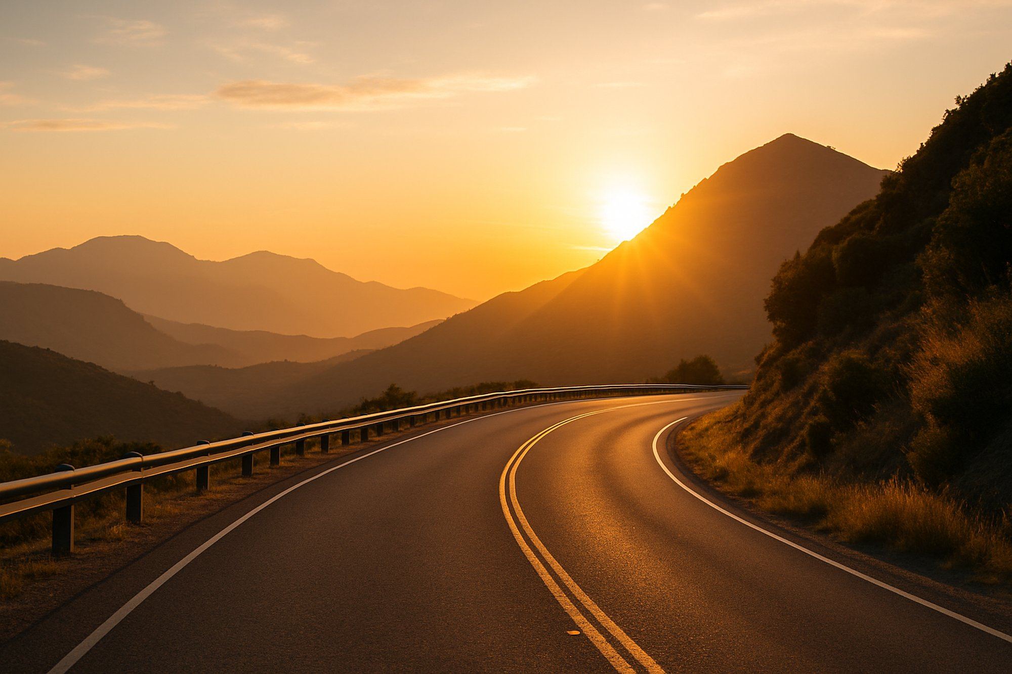 Panoramic mountain road at golden hour