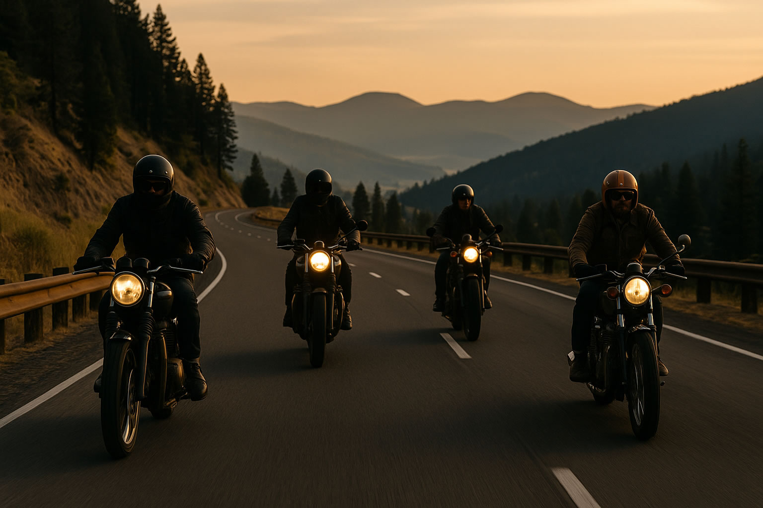 Group of motorcyclists riding scenic highway during golden hour